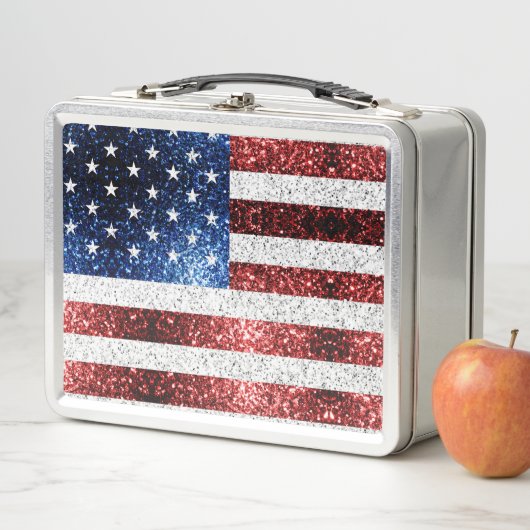 米国国旗の赤白青のきらめきグリッター メタルランチボックス (インサイチュ)