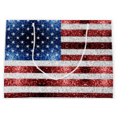 米国国旗の赤白青のきらめきグリッター ラージペーパーバッグ (正面)