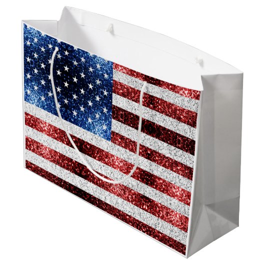 米国国旗の赤白青のきらめきグリッター ラージペーパーバッグ (裏面アングル)