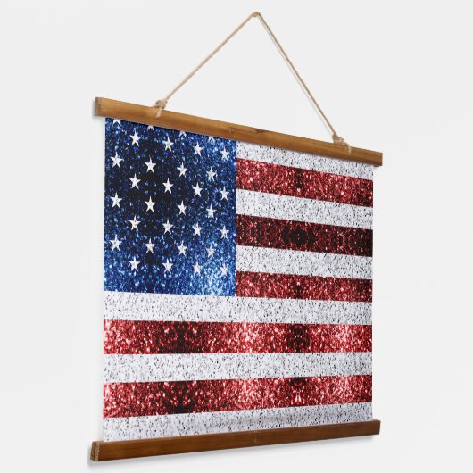 米国国旗の赤白青のきらめきグリッター 吊り下げ型タペストリー (傾斜あり)