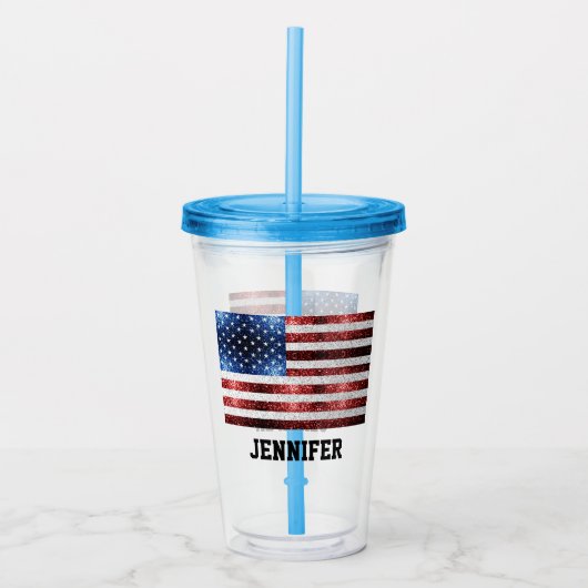 米国国旗の赤白青の輝ききらきら光る名前をカスタムする アクリルタンブラー (正面)