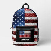 米国国旗の赤白青の輝ききらきら光る名前をカスタムする プリントバックパック (正面)