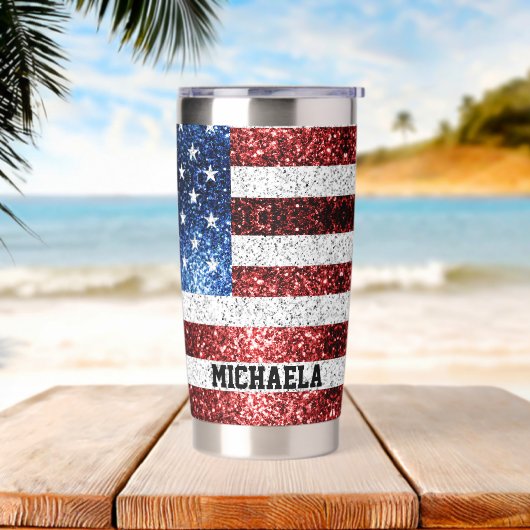 米国国旗の赤白青の輝ききらきら光る名前をカスタムする 保温保冷タンブラー (ビーチ)