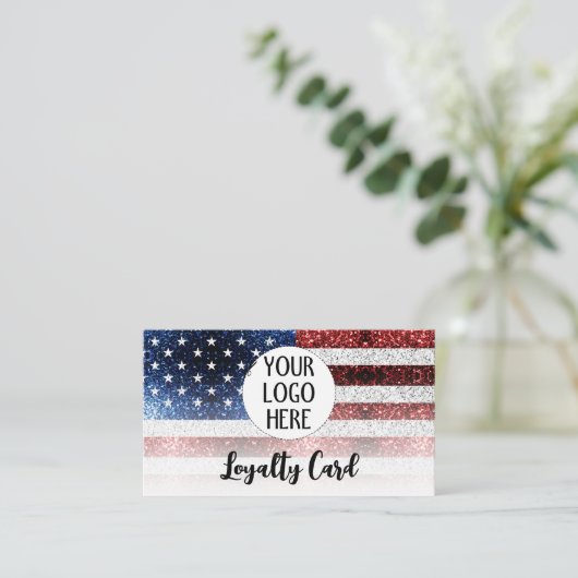 米国国旗の赤白青の輝きカスタムのロゴ ロイヤリティカード (スタンド正面)