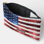 米国国旗の赤白青の輝き名前をカスタムする アクセサリーポーチ (見開き)