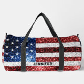 米国国旗の赤白青の輝き名前をカスタムする ダッフルバッグ (正面)