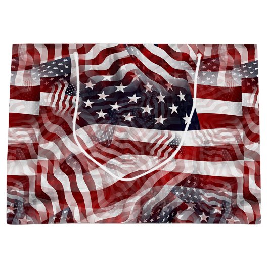 米国国旗の赤白青ストライプ星のパターン ラージペーパーバッグ (正面)