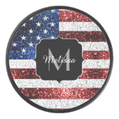 米国国旗の赤白青スパークルグリッターモノグラム アイスホッケーパック (正面)