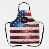 米国国旗の赤白青スパークルグリッターモノグラム エプロン (正面)