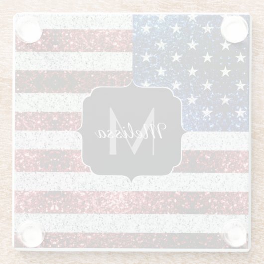 米国国旗の赤白青スパークルグリッターモノグラム ガラスコースター (裏面)