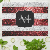 米国国旗の赤白青スパークルグリッターモノグラム キッチンタオル (折り畳み)