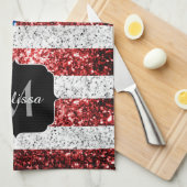 米国国旗の赤白青スパークルグリッターモノグラム キッチンタオル (四つ折り)