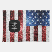 米国国旗の赤白青スパークルグリッターモノグラム キッチンタオル (横)
