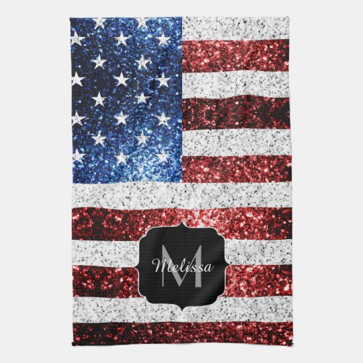 米国国旗の赤白青スパークルグリッターモノグラム キッチンタオル (縦)