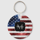 米国国旗の赤白青スパークルグリッターモノグラム キーホルダー (裏面)