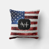 米国国旗の赤白青スパークルグリッターモノグラム クッション (裏面)