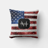 米国国旗の赤白青スパークルグリッターモノグラム クッション (正面)