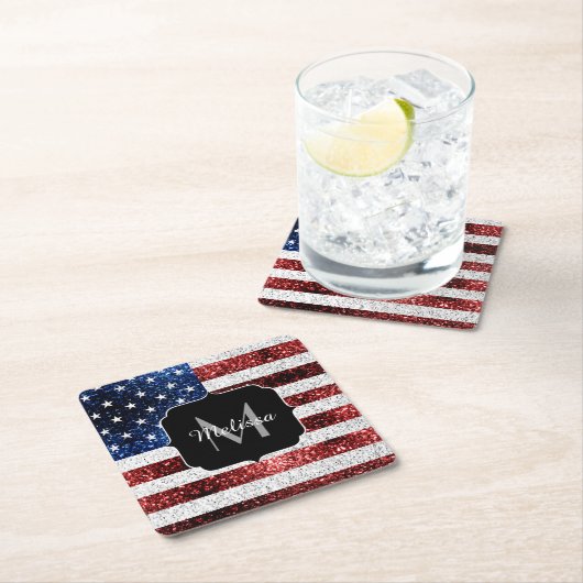 米国国旗の赤白青スパークルグリッターモノグラム スクエアペーパーコースター (インサイチュ)