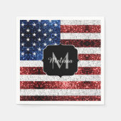 米国国旗の赤白青スパークルグリッターモノグラム スタンダードカクテルナプキン (正面)