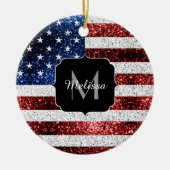 米国国旗の赤白青スパークルグリッターモノグラム セラミックオーナメント (正面)