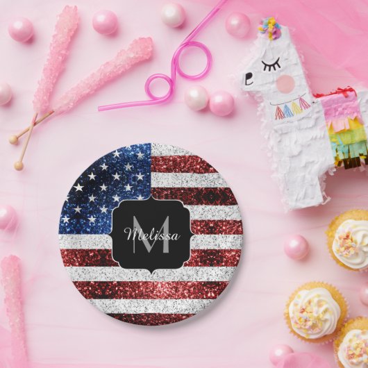 米国国旗の赤白青スパークルグリッターモノグラム ペーパープレート (パーティー)