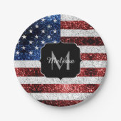 米国国旗の赤白青スパークルグリッターモノグラム ペーパープレート (正面)