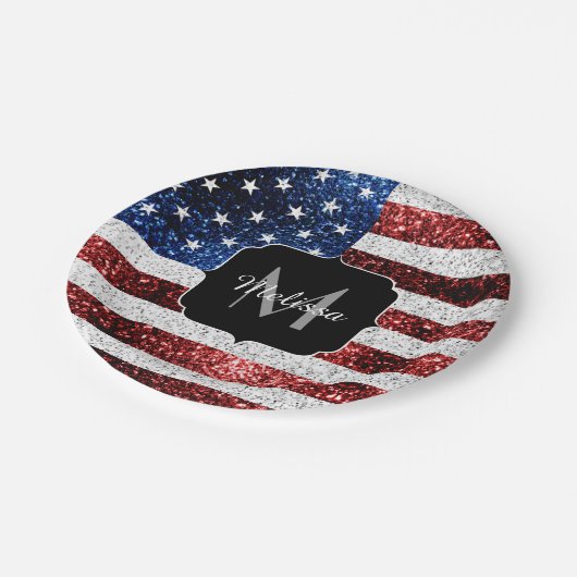 米国国旗の赤白青スパークルグリッターモノグラム ペーパープレート (アングル)