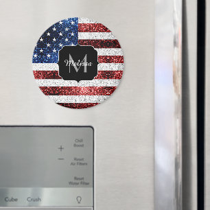 米国国旗の赤白青スパークルグリッターモノグラム マグネット