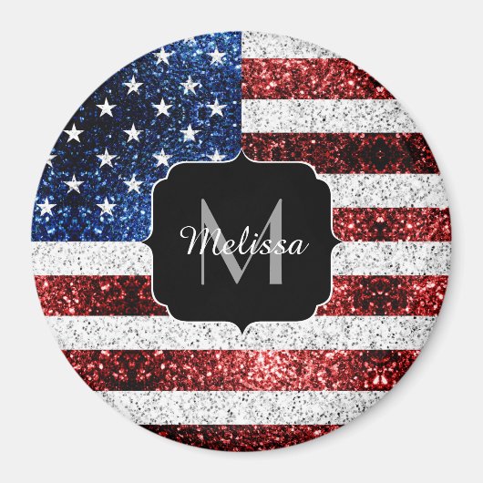 米国国旗の赤白青スパークルグリッターモノグラム マグネット (正面)