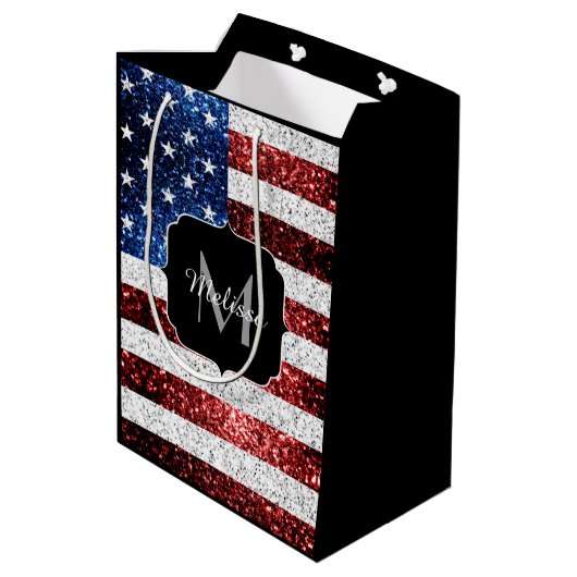 米国国旗の赤白青スパークルグリッターモノグラム ミディアムペーパーバッグ (裏面アングル)