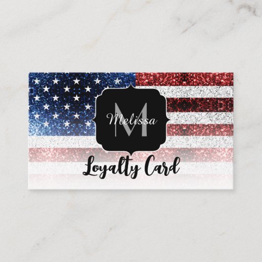 米国国旗の赤白青スパークルグリッターモノグラム ロイヤリティカード (正面)