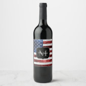 米国国旗の赤白青スパークルグリッターモノグラム ワインラベル (正面)