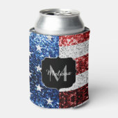 米国国旗の赤白青スパークルグリッターモノグラム 缶クーラー (缶正面)
