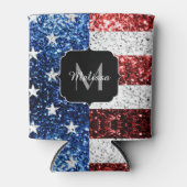 米国国旗の赤白青スパークルグリッターモノグラム 缶クーラー (正面)