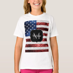 米国国旗の赤白青スパークルグリッターモノグラム Tシャツ