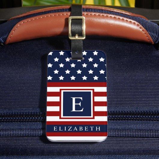 米国国旗の赤白青色ブロック ラゲッジタグ (正面インサイチュ2)