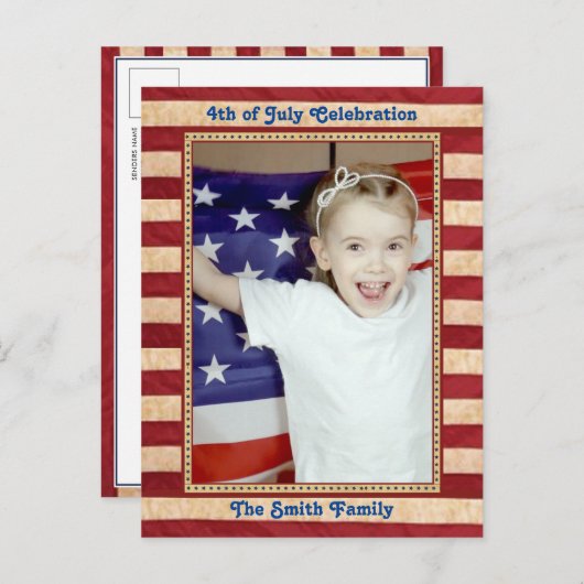 米国国旗の赤白青7月4日BBQパーティー インビテーションポストカード (正面/裏面)