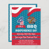 米国国旗の赤白青7月4日BBQパーティー インビテーションポストカード (正面/裏面)