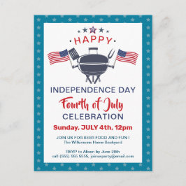 米国国旗の赤白青7月4日BBQパーティー インビテーションポストカード