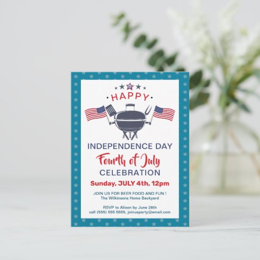 米国国旗の赤白青7月4日BBQパーティー インビテーションポストカード (スタンド正面)