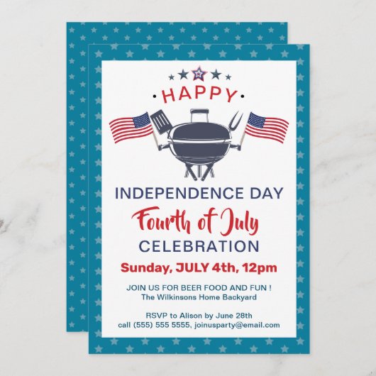 米国国旗の赤白青7月4日BBQパーティー 招待状 (正面/裏面)