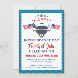 米国国旗の赤白青7月4日BBQパーティー 招待状