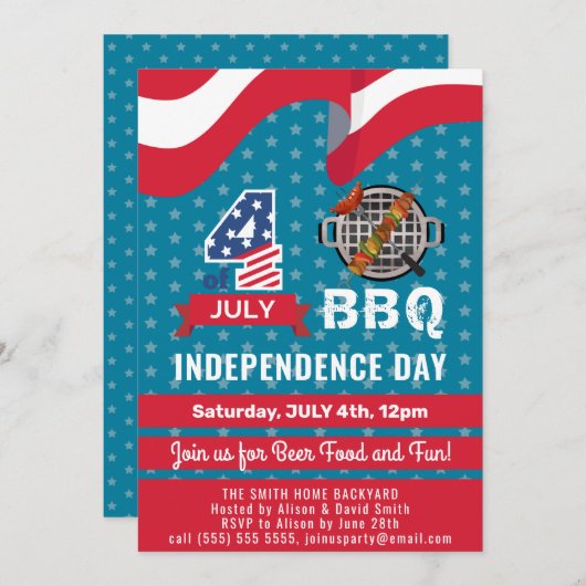 米国国旗の赤白青7月4日BBQパーティー 招待状 (正面/裏面)
