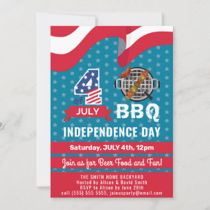 米国国旗の赤白青7月4日BBQパーティー 招待状
