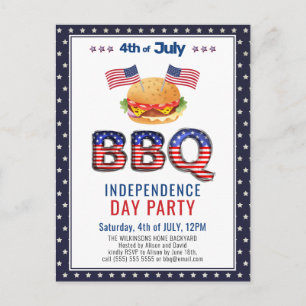 米国国旗の赤白青7月4日BBQ インビテーションポストカード