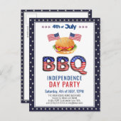 米国国旗の赤白青7月4日BBQ インビテーションポストカード (正面/裏面)
