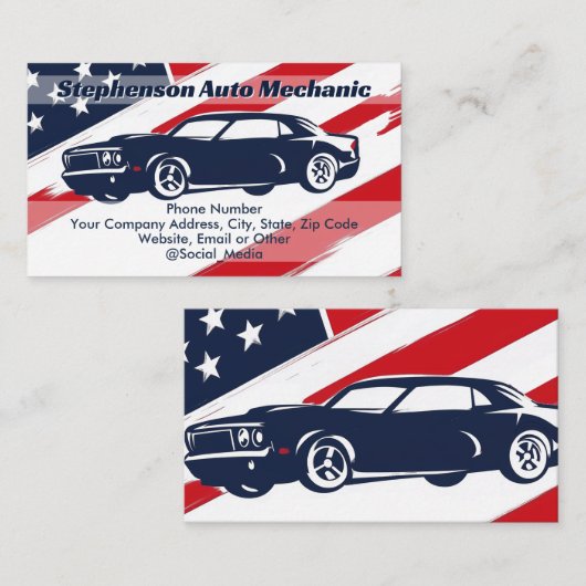 米国国旗の車の自動車整備士サービス 名刺 (正面/裏面)