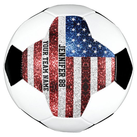 米国国旗の輝ききらきら光る名前をカスタムするとチーム サッカーボール (回転)