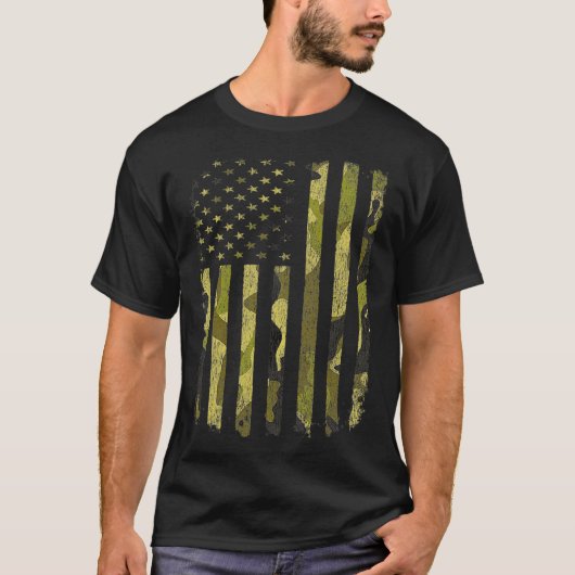 米国国旗の迷彩柄カモエ軍隊DD214排出DD21 Tシャツ (正面)