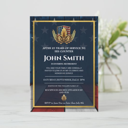 米国国旗の金ゴールドオーク軍隊退職 招待状 (スタンド正面)